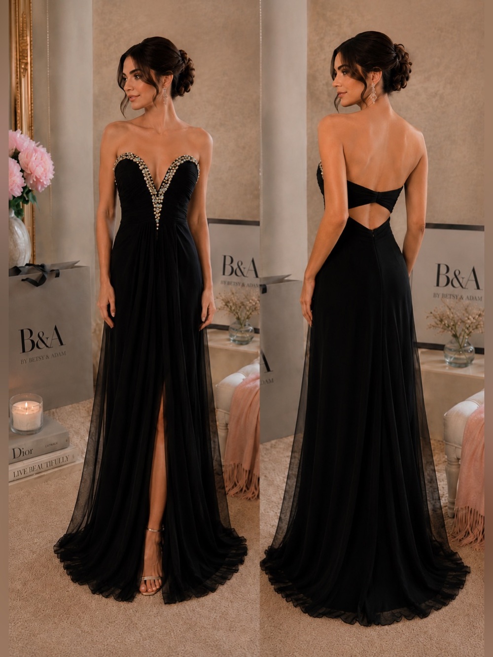B&A by Betsy & Adam Black Rhinestone Backless Evening Gown - Size 6